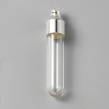 Clear Glass Tube Wish Bottle Pendants, with Zinc Alloy Finding, Silver, 35x7mm, Hole: 1.8mm