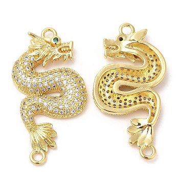 Brass Micro Pave Clear Cubic Zirconia Connector Charms, Lead Free & Cadmium Free, Dragon, Real 18K Gold Plated, 33x17x3.5mm, Hole: 2mm and 1.8mm