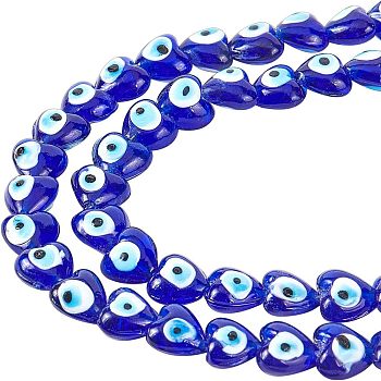 Nbeads Heart Evil Eye Lampwork Bead Strands, Blue, 13~15x15x9mm, Hole: 2mm, about 24pcs/strand, 11.4 inch, 2strands/box