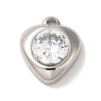 304 Stainless Steel Charms, with Glass, Heart Charm, Stainless Steel Color, 14x12x5mm, Hole: 2.8mm