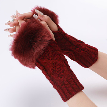 Polyacrylonitrile Fiber Yarn Knitting Fingerless Gloves, Fluffy Winter Warm Gloves with Thumb Hole, Dark Red, 200~260x125mm