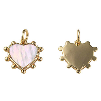 Natural Shell Charms, with Brass Findings, Nickel Free, Heart, Real 18K Gold Plated, 12.5x13x2mm, Jump Ring: 5x1mm, 3mm inner diameter