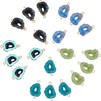 SUPERFINDINGS Electroplate Druzy Resin Links Connectors, with Iron Findings, Nuggets, Light Gold, Mixed Color, 26x15~16x6~7mm, Hole: 1mm, 20pcs/box