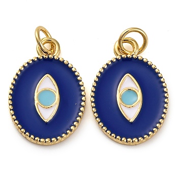 Brass Enamel Pendants, with Jump Ring, Real 18K Gold Plated, Oval with Eye Charm, Royal Blue, 18.5x13x1.8mm, Hole: 3.4mm