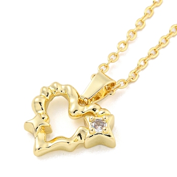 Brass Micro Pave Clear Cubic Zirconia Pendant Necklaces, Cable Chain, Heart, Real 14K Gold Plated, 19.88 inch(50.5cm)