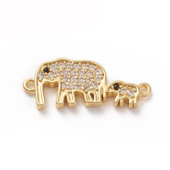 Brass Micro Pave Clear Cubic Zirconia Links Connectors, Elephant, Real 18K Gold Plated, 8.5x20.5x1.5mm, Hole: 1mm