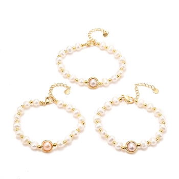 Natural Pearl Link Bracelets, Real 18K Gold Plated, with Brass Round Beads, Long-Lasting Plated, Mixed Color, 6-1/2x1/8 inch(16.5x0.3~1cm)