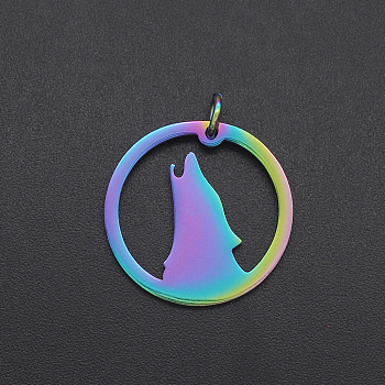 Ion Plating(IP) 201 Stainless Steel Pendants, Howling Wolf Pendants, with Jump Ring, Ring with Wolf, Laser Cut, Rainbow Color, 20x1mm, Hole: 3mm