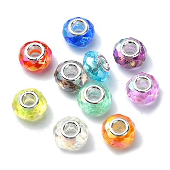 Transparent Acrylic European Beads, Large Hole Beads, with Stainless Steel Core, Faceted, Flat Round, Mixed Color, 15x8.5~9mm, Hole: 5mm