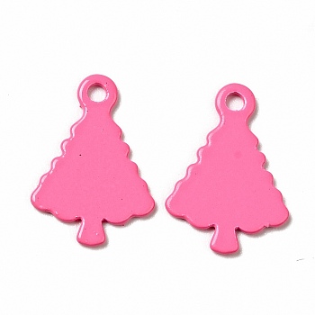 Spray Painted 201 Stainless Steel Charms, Christams Tree Charms, Hot Pink, 14x9.5x1mm, Hole: 1.2mm