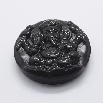 Carved Natural Obsidian Pendants, Flat Round with Hindu Elephant God Lord Ganesh Statue, 47x14mm, Hole: 1.5mm