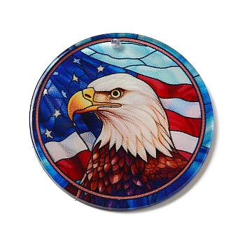 Opaque Acrylic Pendants, Flat Round with Eagle, Light Blue, 37.5~38x2mm, Hole: 1.6mm