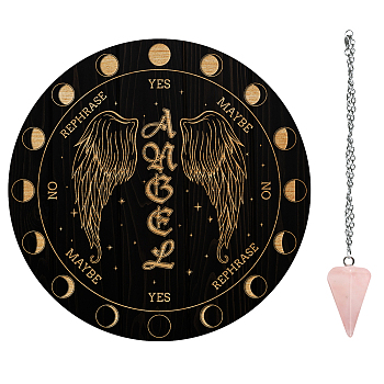 AHADEMAKER 1Pc 304 Stainless Steel Cable Chain Necklaces, with Lobster Claw Clasp and Extend Chains, with 1Pc Natural Rose Quartz Stone Pendants, 1Pc Carved Wooden Pendulum Boards, Wing Pattern, 3pcs/set
