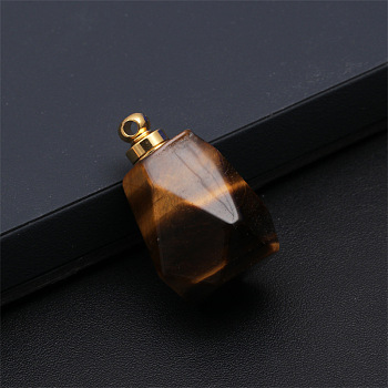 Natural Tiger Eye Openable Perfume Bottle Pendants, Faceted Polygon Perfume Bottle Charms with Golden Plated Metal Cap, 30x23mm