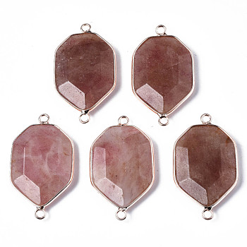 Natural Strawberry Quartz Links Connectors, with Edge Rose Gold Plated Brass Findings, Faceted, Polygon, 39~40x22~23x5~7mm, Hole: 2.5mm