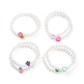 Transparent Acrylic Beaded Stretch Kids Bracelets, with Polymer Clay Beads, Heart & Flower & Cake & Strawberry, Mixed Color, Inner Diameter: 1-3/4 inch(4.5cm)