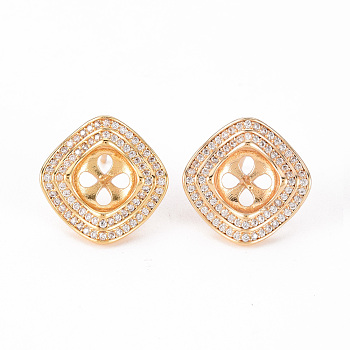 Brass Micro Pave Clear Cubic Zirconia Stud Earrings Findings, for Half Drilled Bead, Nickel Free, Fan, Real 18K Gold Plated, 16.5x16.5mm, Side Length: 15mm, Pin: 0.8mm, Pin: 0.8mm(for Half Drilled Bead)