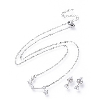 304 Stainless Steel Jewelry Sets, Brass Micro Pave Cubic Zirconia Pendant Necklaces and 304 Stainless Steel Stud Earrings, with Ear Nuts/Earring Back, Twelve Constellations, Clear, Aries, 465x1.5mm