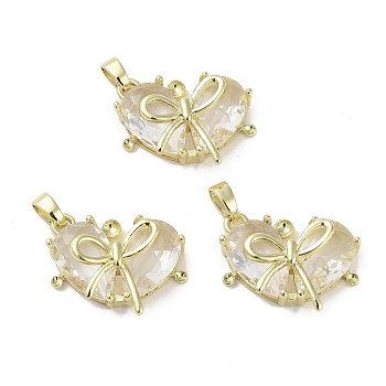 Real 18K Gold Plated Brass Glass Pendants, Heart with Bowknot Charm, Lead Free & Cadmium Free, Long-Lasting Plated, Cornsilk, 14x19x6mm, Hole: 2.5x4mm