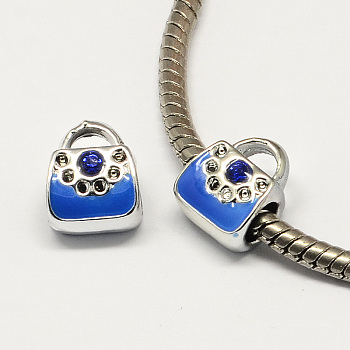 Alloy Rhinestone Bag Large Hole Enamel Style European Beads, Silver, Royal Blue, 11x9x8mm, Hole: 4mm