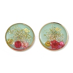 Plating Brass & Transparent Epoxy Resin & Dried Flower Pendants, Flat Round with Flower & Butterfly Pattern Charm, with Glitter Powder, Pale Green, 30x5mm, Hole: 1mm(RE-CBAA153-03)