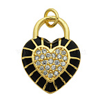 Brass Micro Pave Clear Cubic Zirconia Pendants,  with Enamel and Jump Rings, Light Gold, Cadmium Free & Nickel Free & Lead Free, Heart, Black, 20x15x4mm, Jump Ring: 5x1mm, 3mm(KK-N241-LA824-5-NR)
