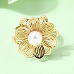 201 Stainless Steel Adjustable Cuff Open Rings for Women, Golden, with ABS Imitation Pearl, Flower, 23x25mm, Inner Diameter: 18mm(RJEW-K318-01A-G)
