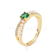 Real 18K Gold Plated Brass Micro Pave Cubic Zirconia Rings, Glass Rhinestone and Plastic Imitation Pearl Adjustable Rings for Women, Green, 2.5~5mm, Inner Diameter: US Size 7 1/4(17.5mm)(RJEW-J017-VC195)