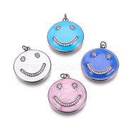 Brass Micro Pave Cubic Zirconia Pendants, with Enamel, Long-Lasting Plated, Flat Round with Smile, Lead Free & Nickel Free & Cadmium Free, Gunmetal, Mixed Color, 29x25x5.5mm, Hole: 3mm(KK-O110-08B-NR)