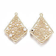 Brass Filigree Pendants, with Cubic Zirconia, Rhombus, Clear, Nickel Free, Real 18K Gold Plated, 26.5~27.5x18~19x2.5mm, Hole: 1.2mm(KK-T038-334G)