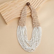 Bohemia Style Multi-strand Glass Seed Beaded Bib Necklaces for Women, Wax Cord Knitting Necklaces with Coconut Clasp, White, 19.09 inch(48.5cm)(NJEW-G149-01D)