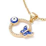 Clear Cubic Zirconia Ring with Evil Eye and Butterfly Pendant Necklace, 304 Stainless Steel Jewelry for Women, Golden, Blue, 17.72 inch(45cm)(NJEW-O125-54G)