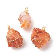 Rough Raw Natural Carnelian Pendants, with Real 18K Gold Plated Copper Wire Wrapped, Nuggets, 27~32x15~24x15~18.5mm, Hole: 2~2.4mm(PALLOY-JF01219)