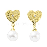 Heart Rack Plating Brass Studs Earrings for Women, Plastic Pearl Dangle Earrings, Long-Lasting Plated, Lead Free & Cadmium Free, Real 18K Gold Plated, 24x11mm(KK-Z038-03G)