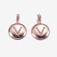 Brass Pendants, with Cubic Zirconia, Cadmium Free & Lead Free, Flat Round with Letter, Rose Gold, Letter.V, 22mm, Hole: 2x3mm, Pendant: 15x3mm(KK-K194-V-RG-RS)