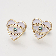 Brass Stud Earrings Findings, with Enamel and Ear Nuts/Earring Backs, Heart with Eye, Golden, White, Fit for 0.6mm Rhinestone, 15x16mm, Pin: 0.7mm(EJEW-S201-179C)