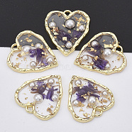 Light Gold Plated Alloy Pendants, with Epoxy Resin, ABS Plastic Imitation Pearl Cabochons, Gold Foil and Dried Flower, Heart, Purple, 23x20.5x4mm, Hole: 1.6mm(X-PALLOY-N150-32)