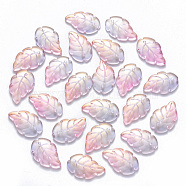 Two Tone Transparent Spray Painted Glass Pendants, with Glitter Powder, Leaf, Pearl Pink, 23.5x15x3.5mm, Hole: 1.5mm(GLAA-T016-08B)