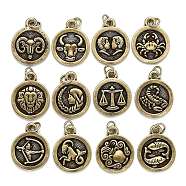 Brass Pendant Sets, with Jump Rings, Long-Lasting Plated, Flat Round with 12 Constellation/Zodiac Sign, Antique Bronze, 18.5x15x2mm, Hole: 3.6mm, 1pc/constellation, 12pcs/set(KK-I668-01AB-M)