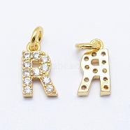 Brass Micro Pave Grade AAA Cubic Zirconia Charms, Letter R, Cadmium Free & Nickel Free & Lead Free, Real 18K Gold Plated, 9x5x1.5mm, Hole: 2mm(ZIRC-P067-11G-R-NR)