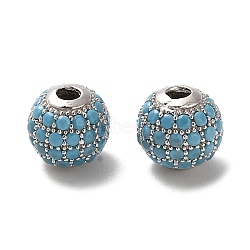 Rhodium Plated 925 Sterling Silver Micro Pave Cubic Zirconia Beads, Round, Real Platinum Plated, Sky Blue, 8x7.5mm, Hole: 2.2mm(STER-H110-24B-07P)