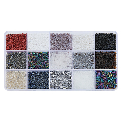 DICOSMETIC 225g 17 Style Glass Seed Glass Bugle & Round Beads, Baking Paint & Transparent Colours Luster & AB Color Plated & Silver Lined, Black, 1.5~8x1.5~2mm, Hole: 0.5~1mm, 15g/style(SEED-DC0001-02A)