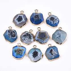 Electroplate Natural Agate Pendants, with Brass Findings, Faceted, Dyed, Golden, Royal Blue, 17~22x14~18x5~10mm, Hole: 1.8mm(G-T112-18E)
