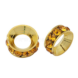 Brass Rhinestone Spacer Beads, Grade A, Rondelle, Golden Metal Color, Topaz, 9x4mm, Hole: 4mm(RB-A020-9mm-17G)
