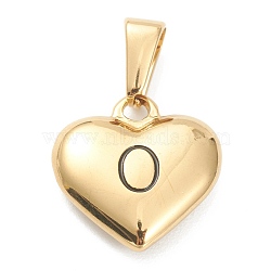 304 Stainless Steel Pendants, Heart with Black Letter, Golden, Letter.O, 16x16x4.5mm, Hole: 7x3mm(STAS-P278-01O-G)