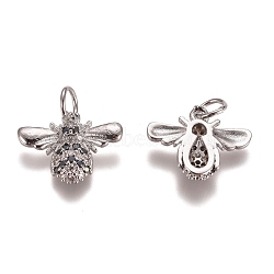 Brass Micro Pave Cubic Zirconia Charms, with Jump Rings, Bees, Black & Clear, Platinum, 11.5x15x3mm, Hole: 3mm(ZIRC-G153-31P)
