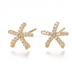 Brass Stud Earring Findings, with Loop, Cubic Zirconia, Nickel Free, Real 18K Gold Plated, Starfish/Sea Stars, Clear, 9.5x10mm, Hole: 1mm, Pin: 0.8mm(KK-T038-470G)