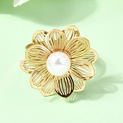 201 Stainless Steel Adjustable Cuff Open Rings for Women, Golden, with ABS Imitation Pearl, Flower, 23x25mm, Inner Diameter: 18mm(RJEW-K318-01A-G)