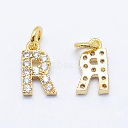 Brass Micro Pave Grade AAA Cubic Zirconia Charms, Letter R, Cadmium Free & Nickel Free & Lead Free, Real 18K Gold Plated, 9x5x1.5mm, Hole: 2mm(ZIRC-P067-11G-R-NR)