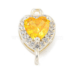 Brass Pave Cubic Zirconia Connector Charms, Heart Links, Silver Color Plated, Yellow, 15x9x6mm, Hole: 1.2mm(KK-Z072-06S-05)